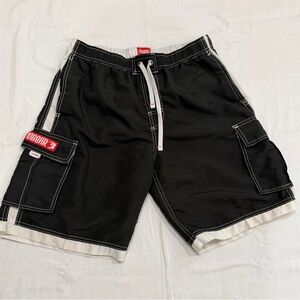 Ingear Swim Trunks Mens Size Large Black White Trim Cargo Pockets Mesh Brief